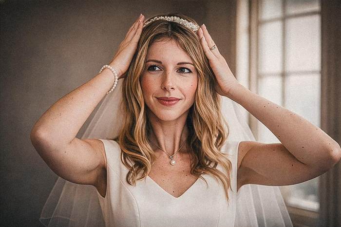 A bride adjusting her hair by a tall window