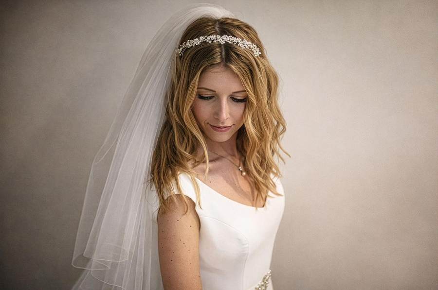 A bride looking down softly, lit by window light