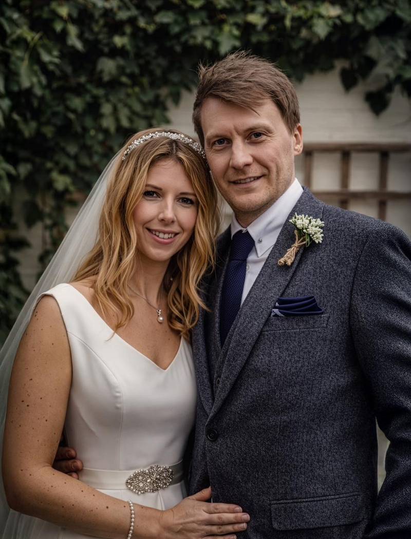 A smiling bride and groom standing close together in front of ivy